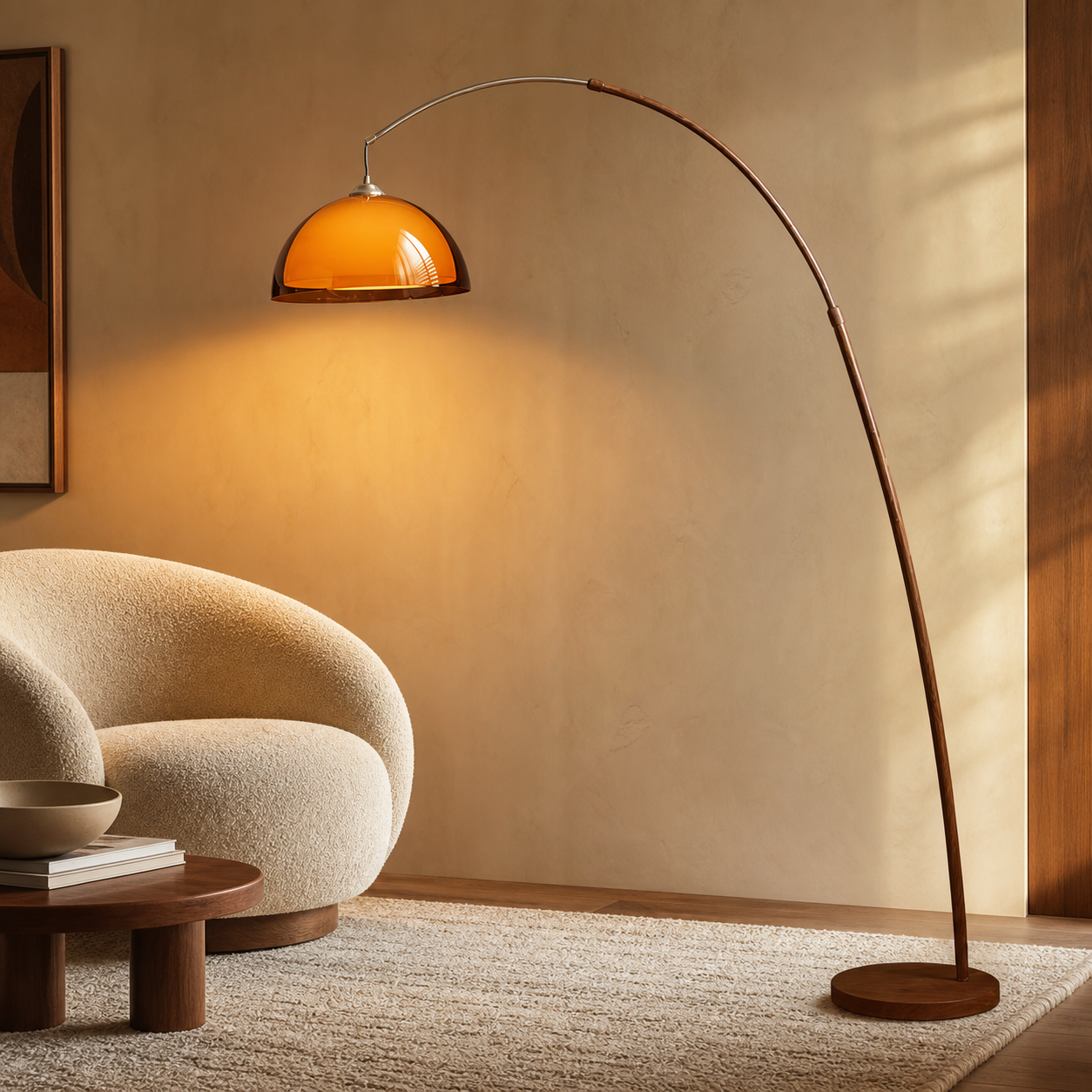 Arco walnut-toned arc floor lamp with amber shade in a modern living room