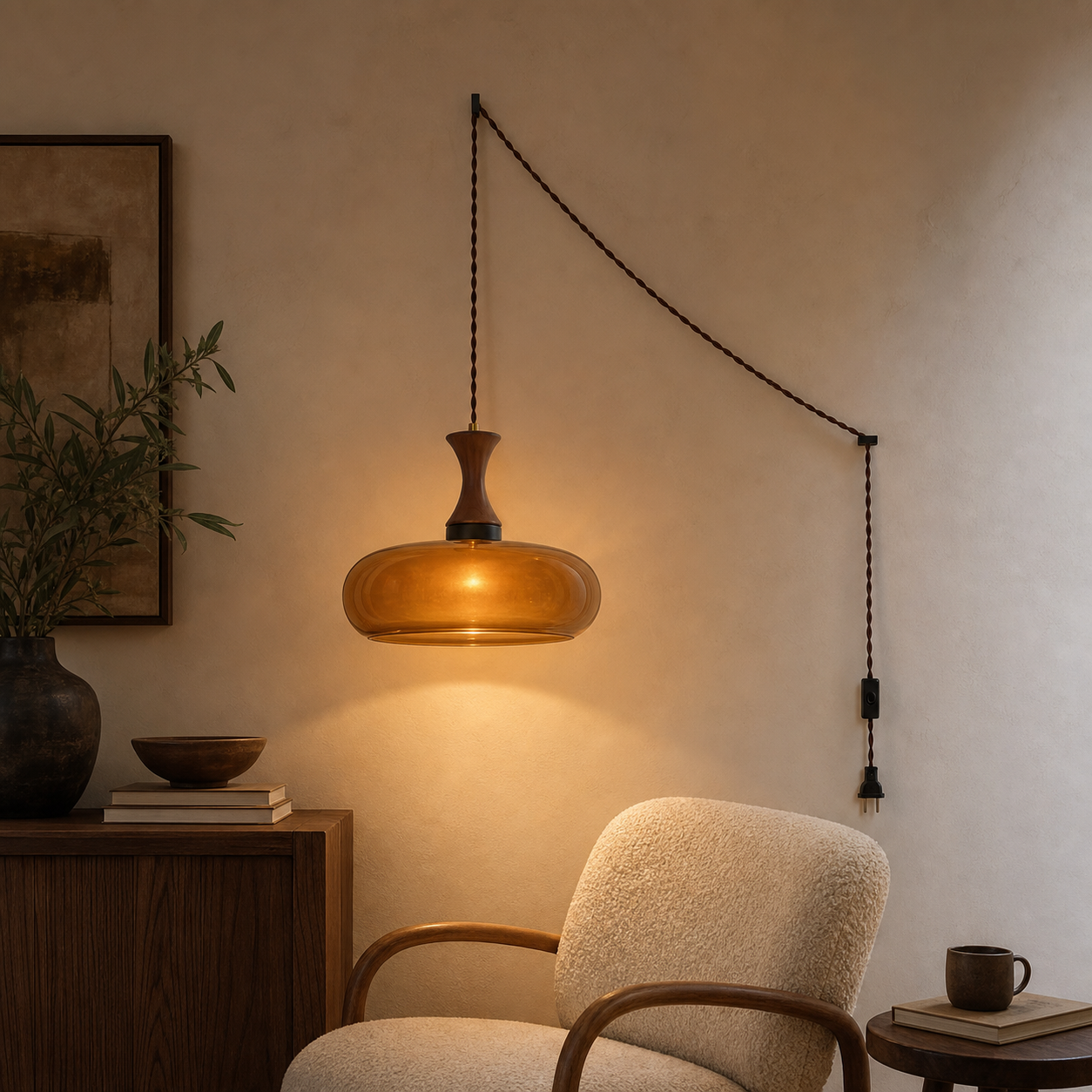 Noma amber glass plug-in pendant in a warm modern reading corner