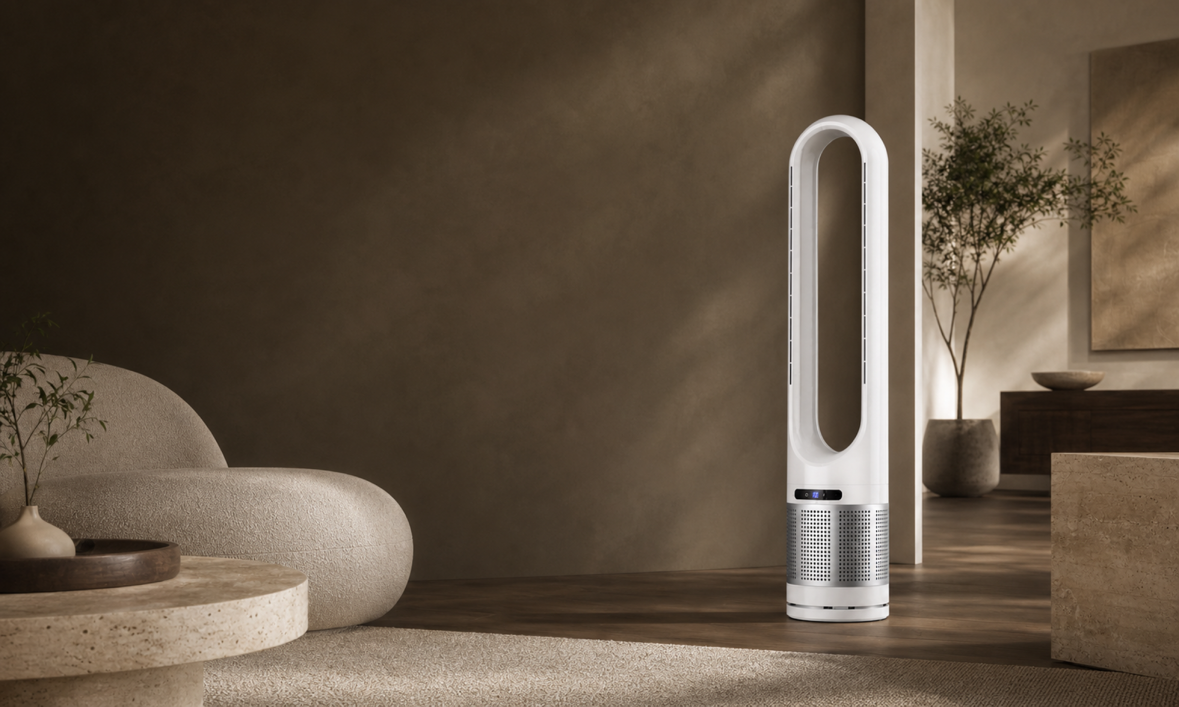 VALO Aura air-purifying tower fan in a design-led living room