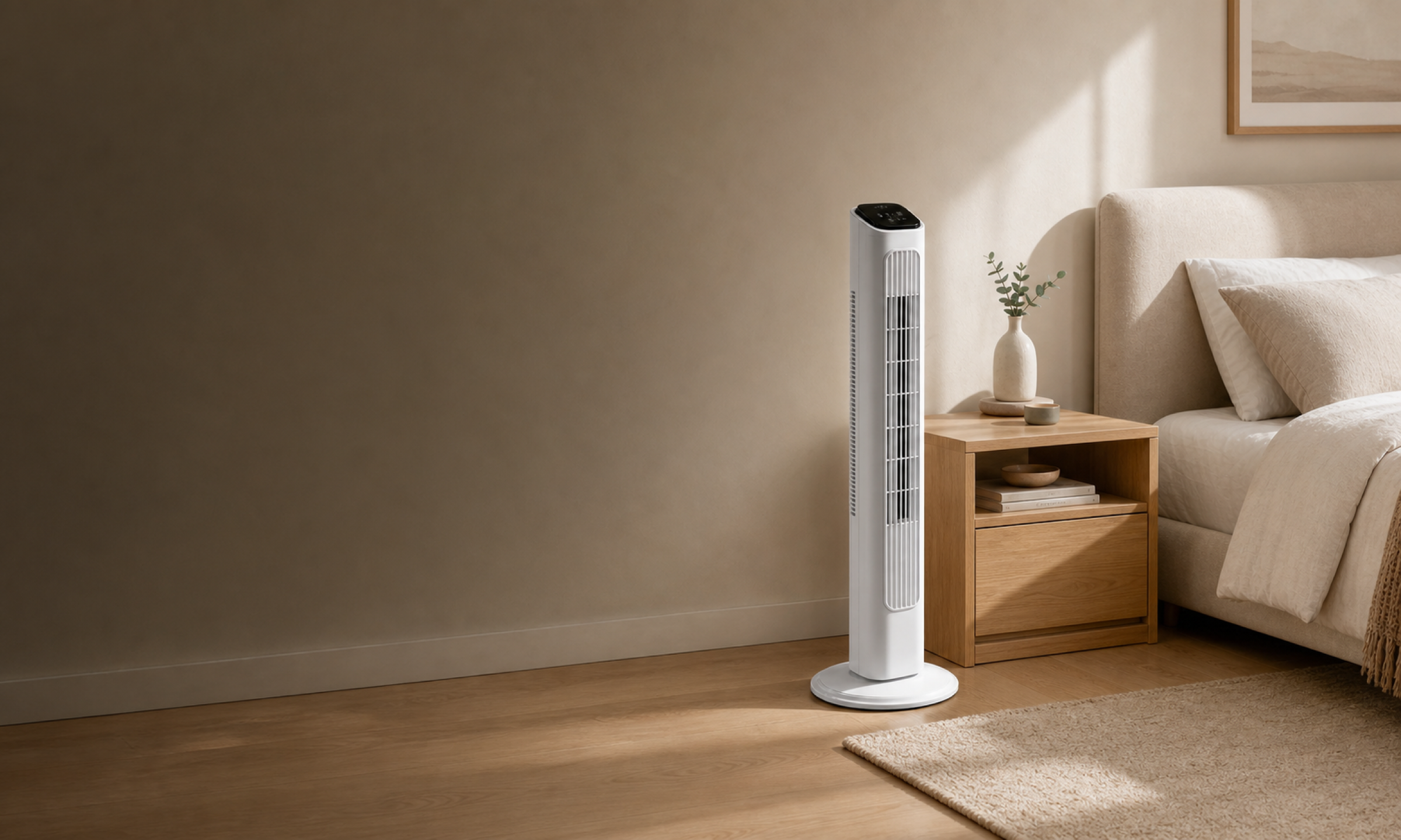VALO Halo tower fan in a calm contemporary bedroom