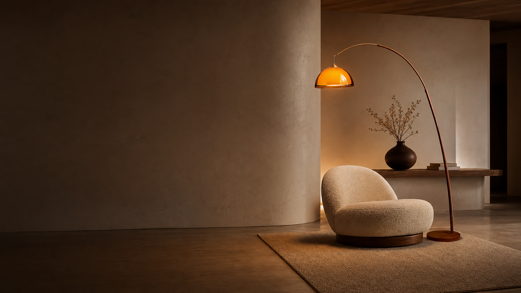 Warm modern living room with an amber arc floor lamp