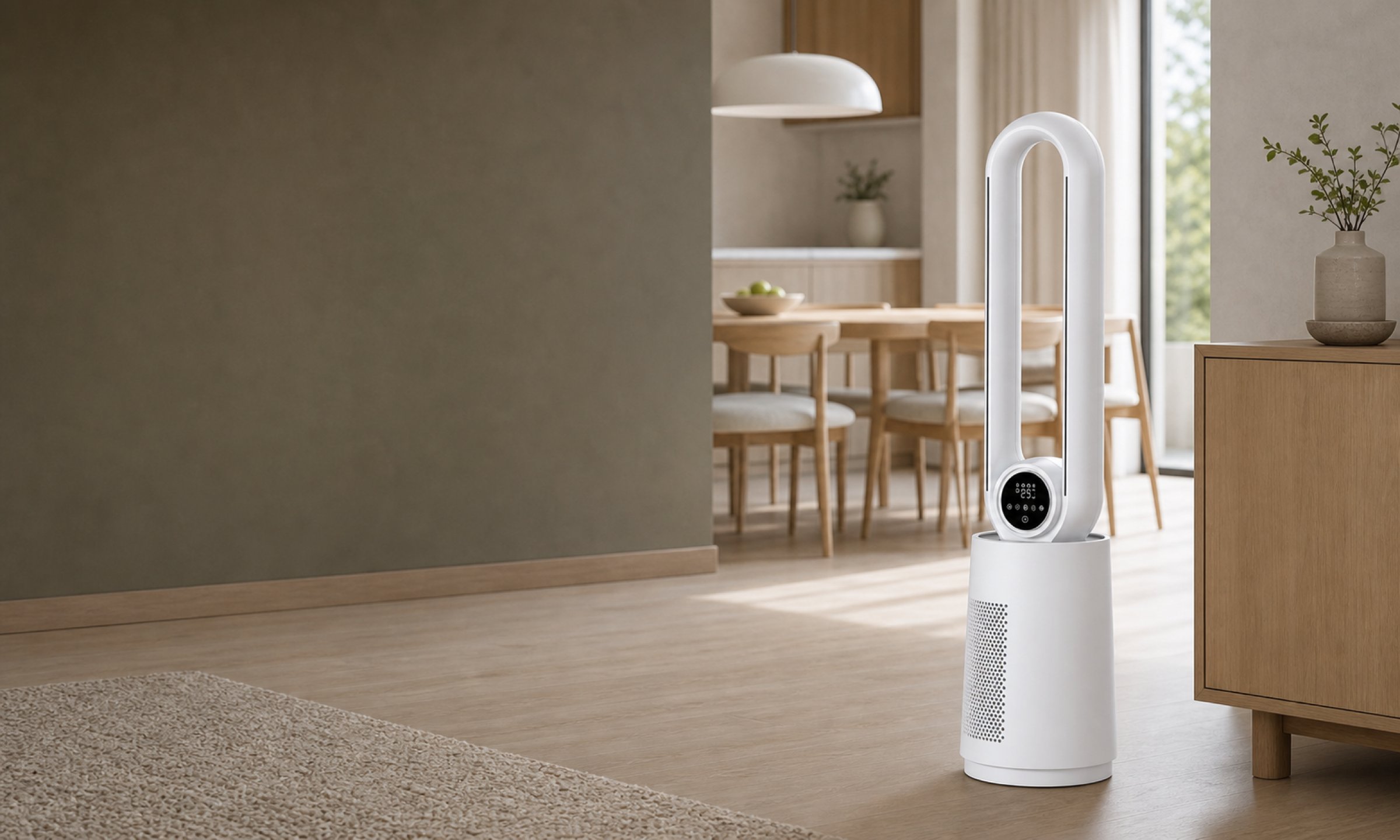 VALO Lumen Pro tower fan in an open-plan home