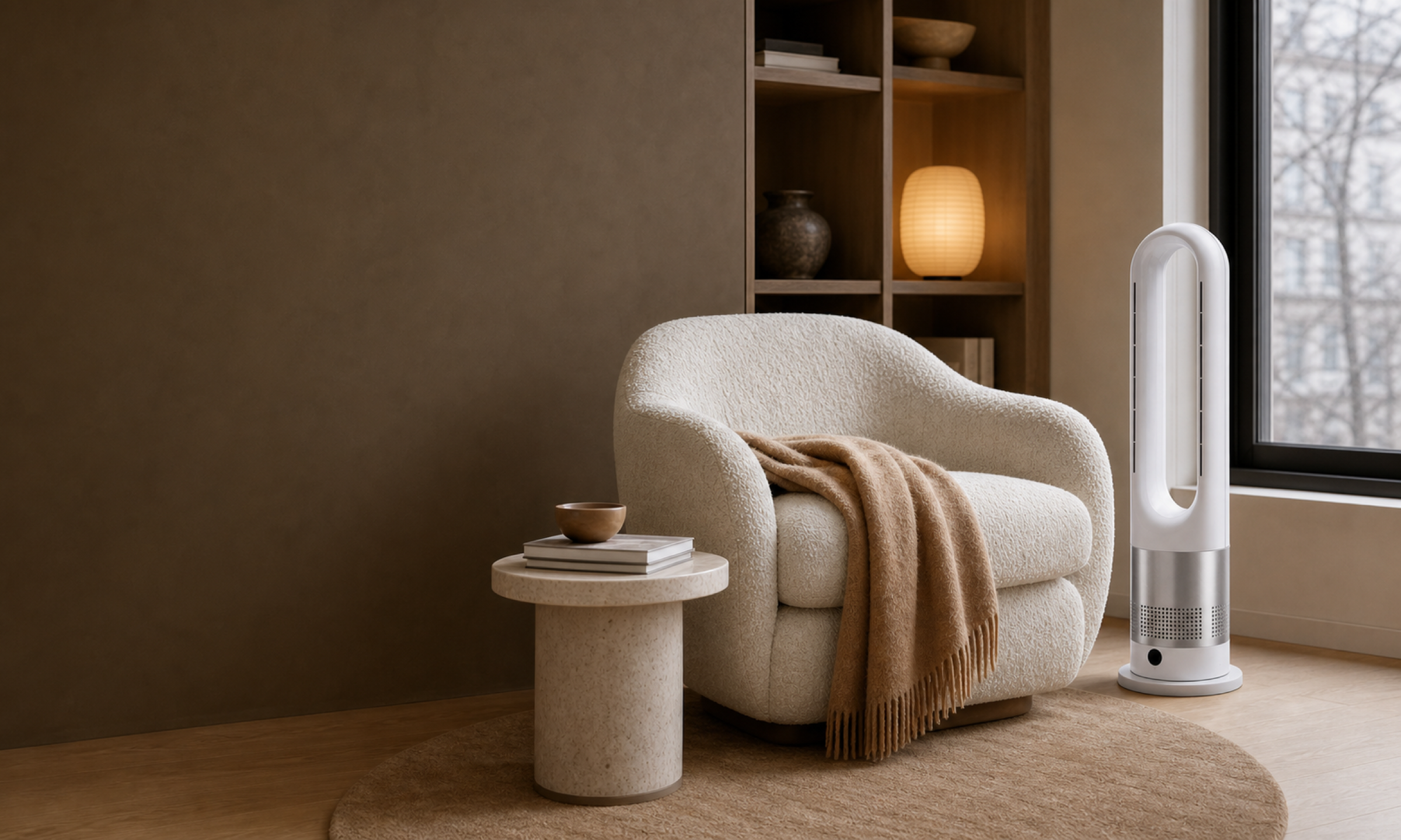 VALO Solstice Heat + Cool tower in a warm reading nook