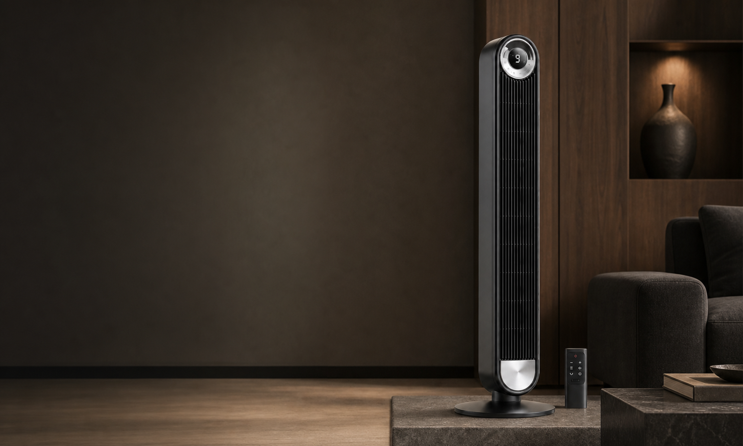 VALO Lumen tower fan in a refined modern interior