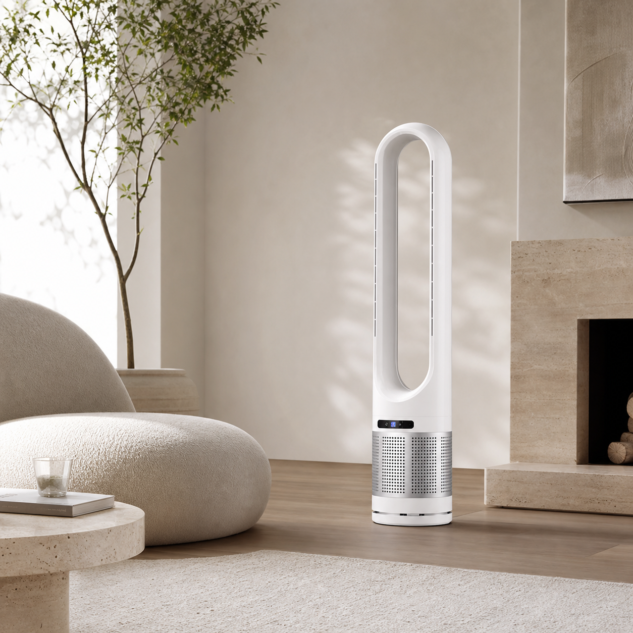 White Aura air-purifying bladeless tower fan in a contemporary living room