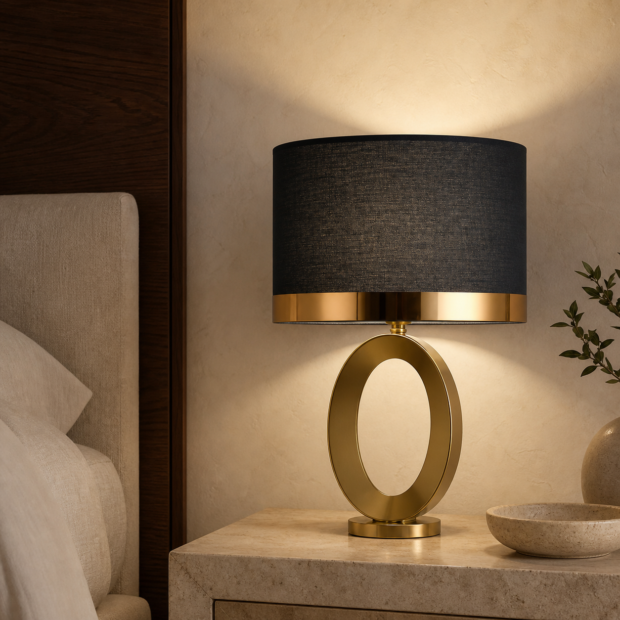 Aurelia oval gold table lamp with black shade in a warm modern bedroom