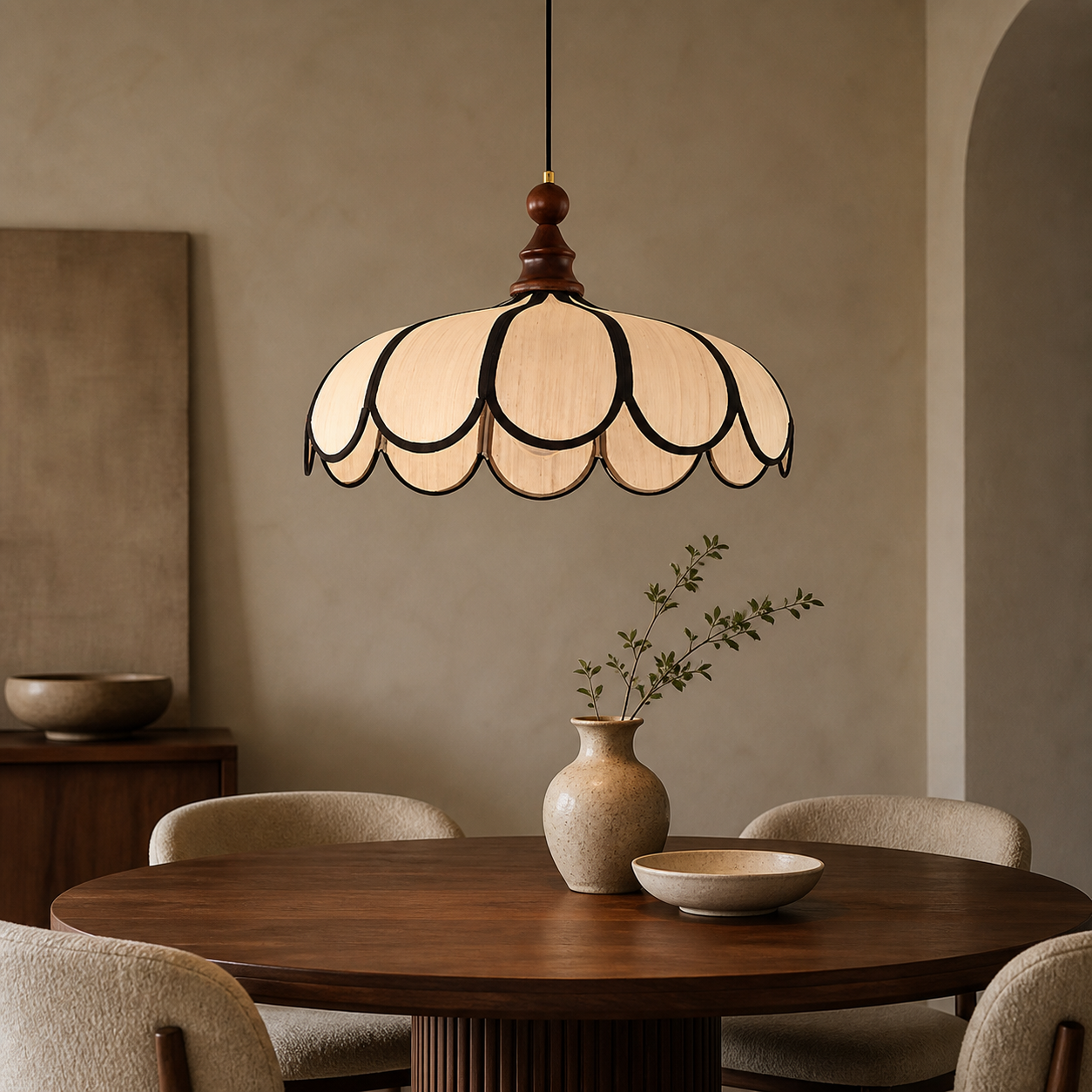 Bryn scalloped abaca pendant above a walnut dining table