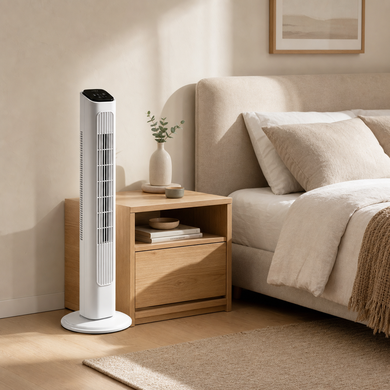 White Halo 36 tower fan beside a modern upholstered bed
