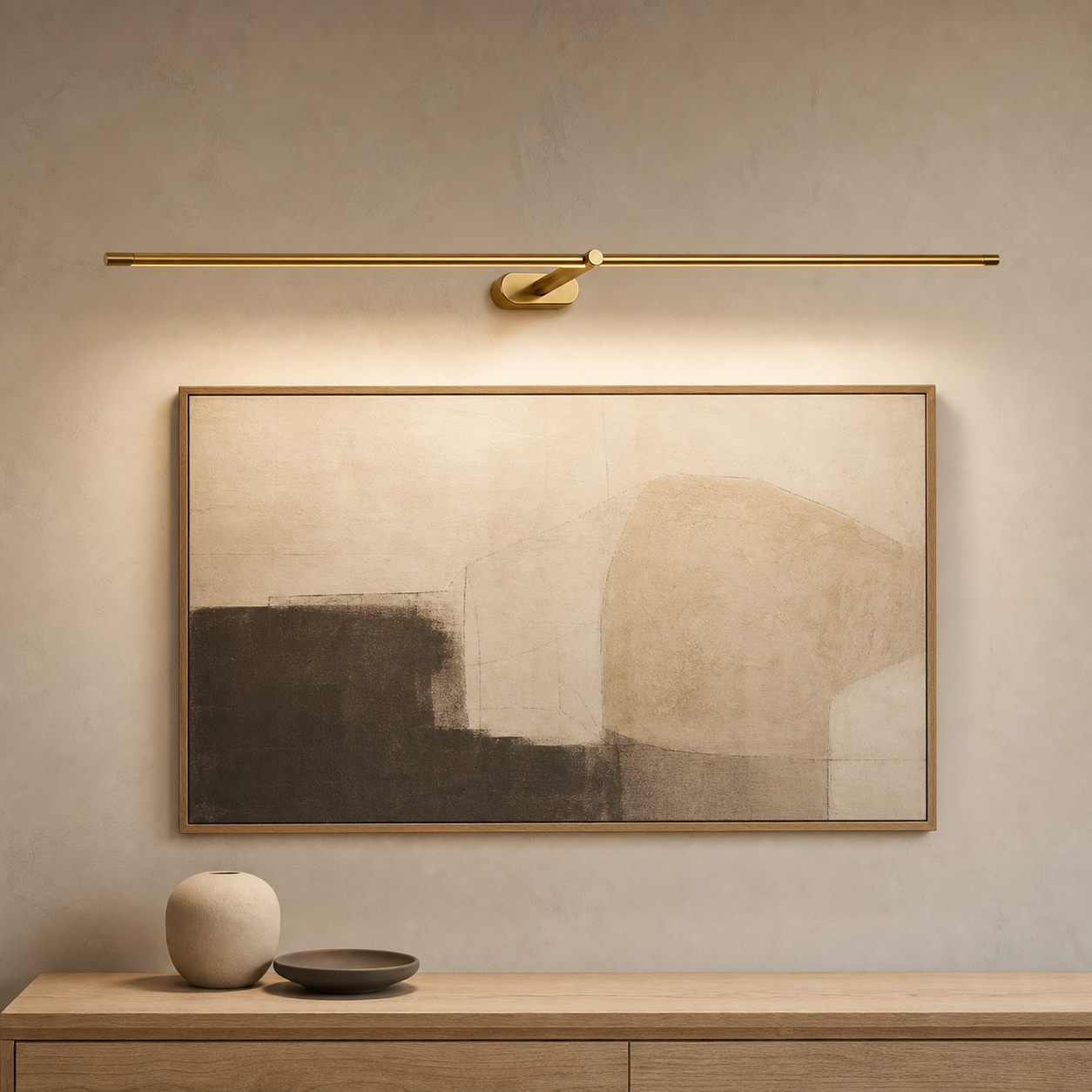 Linea slim gold rechargeable wall light illuminating neutral artwork