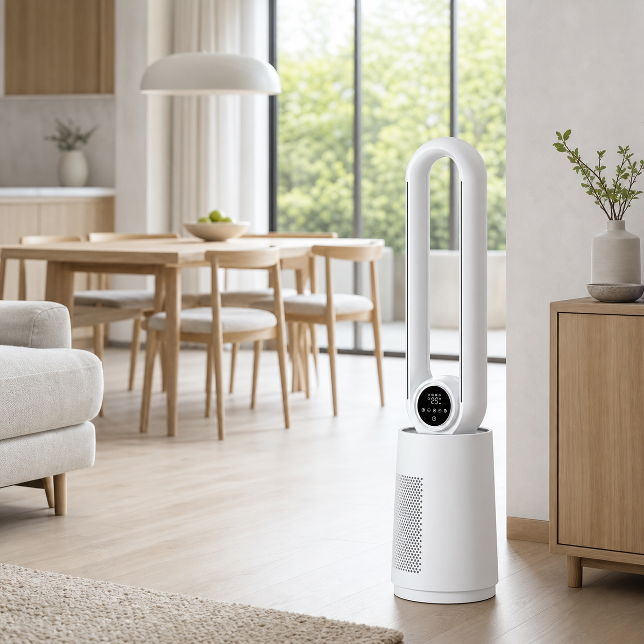 White Lumen Pro smart bladeless tower fan in a bright open-plan home