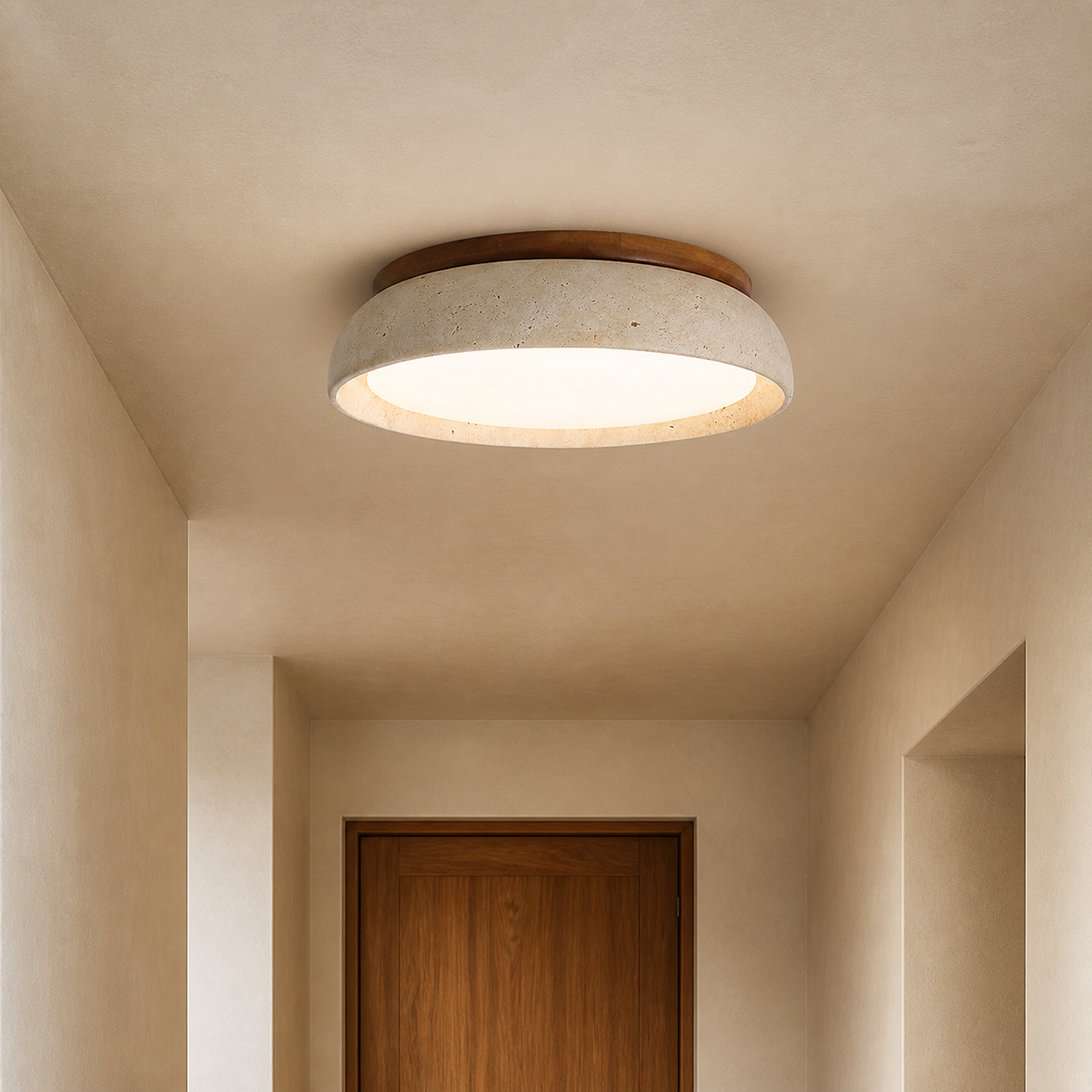 Terra Disc travertine ceiling light in a warm modern hallway