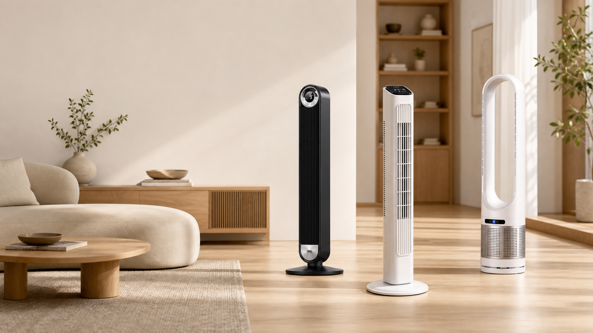 VALO tower fan collection in a warm contemporary interior