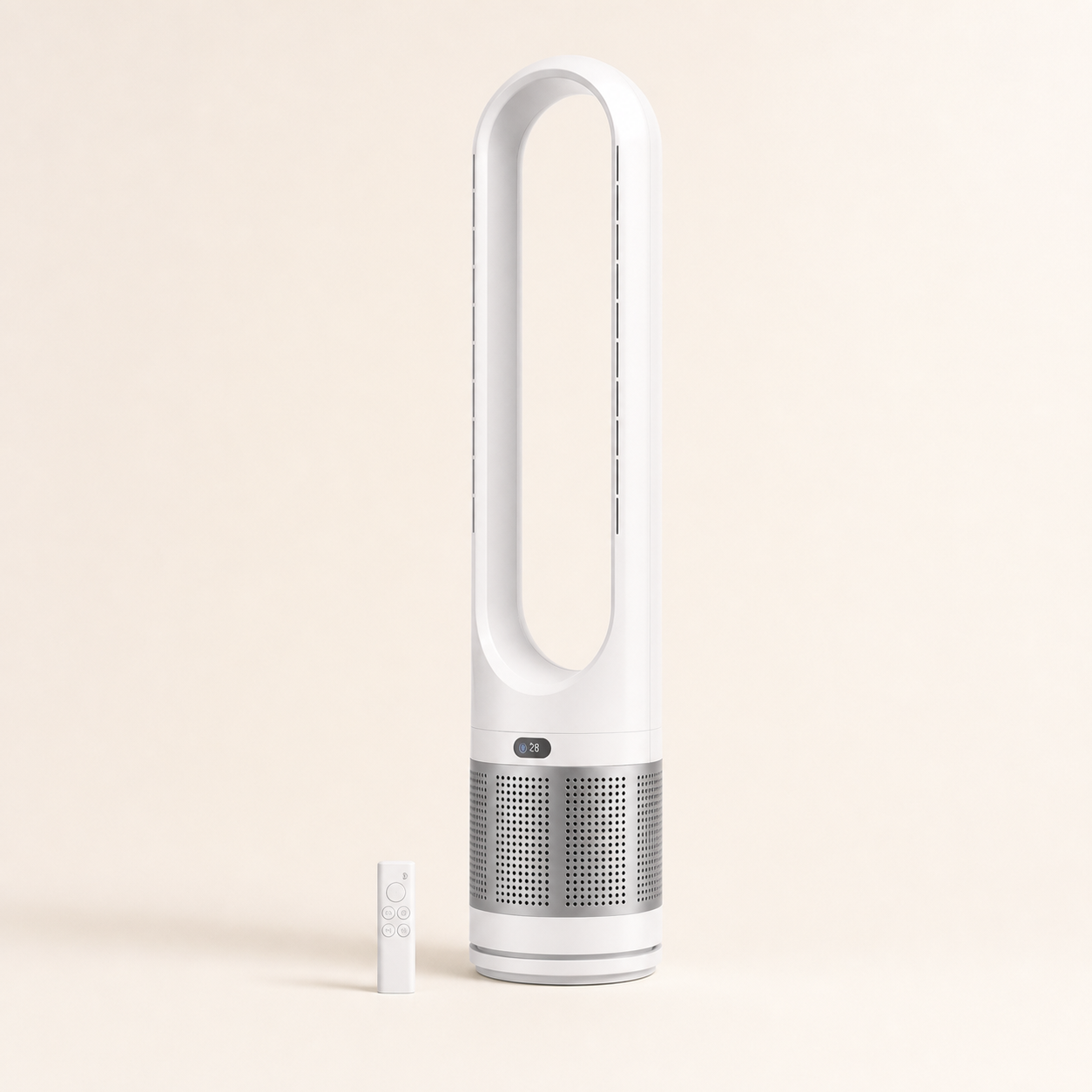 VALO Aura white and silver air-purifying bladeless fan with remote