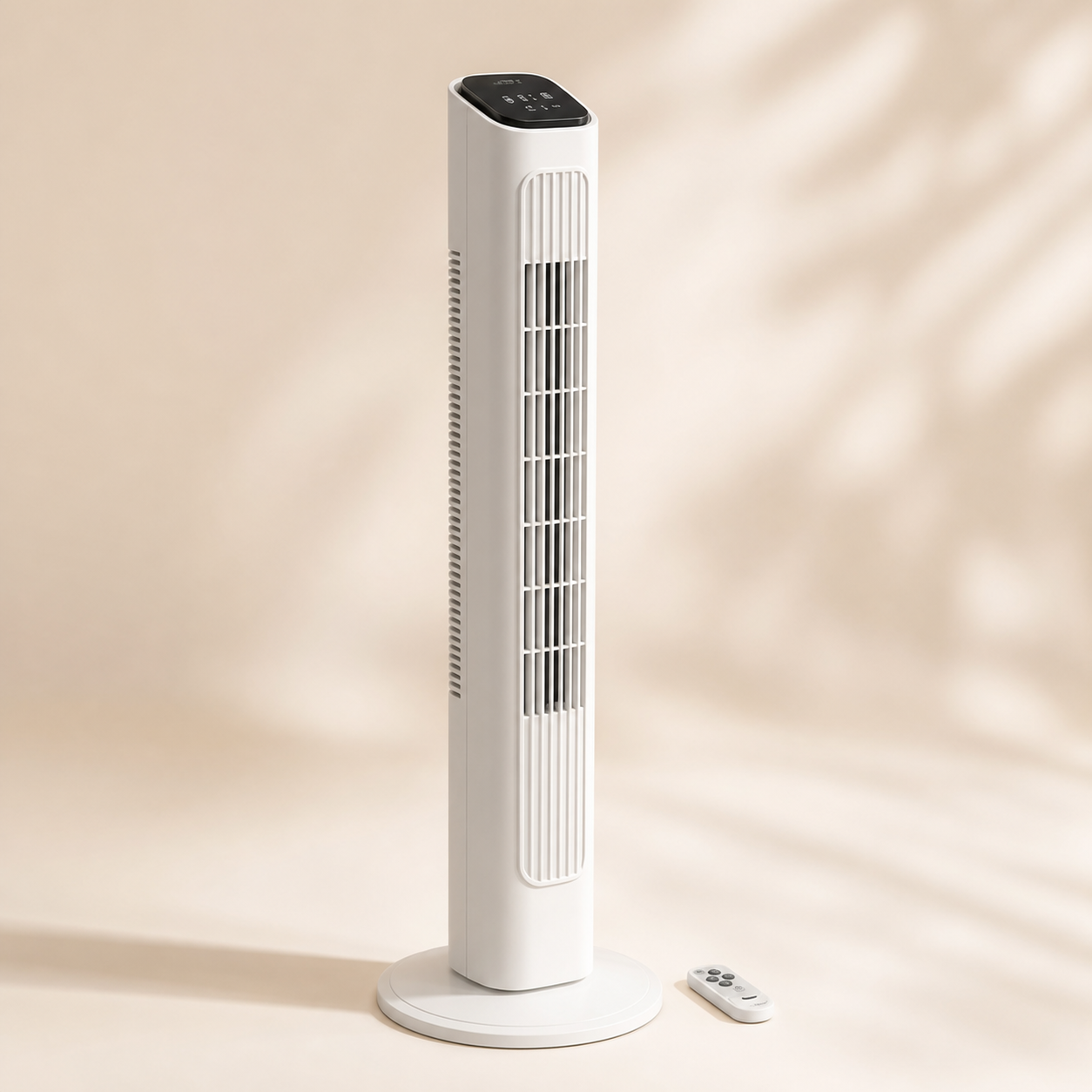 VALO Halo 36 white tower fan and remote on a warm studio background