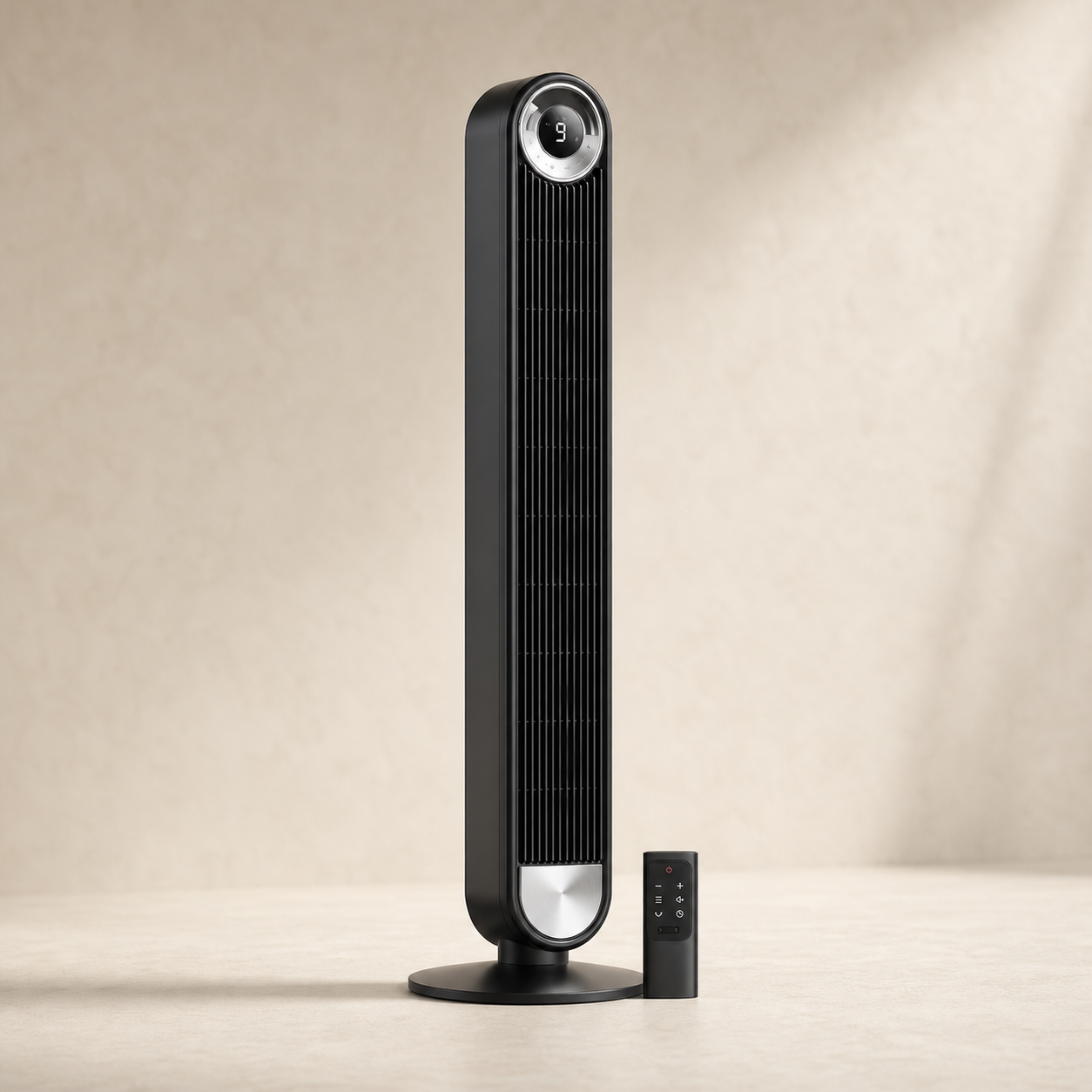 VALO Lumen 42 black and silver tower fan with remote on a warm studio background