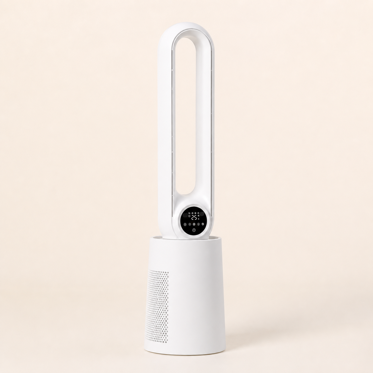 VALO Lumen Pro white smart bladeless tower fan on a warm studio background